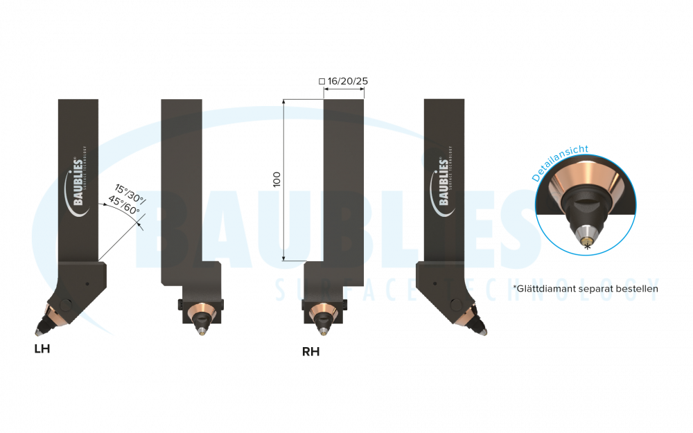 Zeichnung Baublies Diamantglättwerkzeug zur Aussenbearbeitung von Wellen, Konturen, Planflächen und dünnwandigen Werkstücken