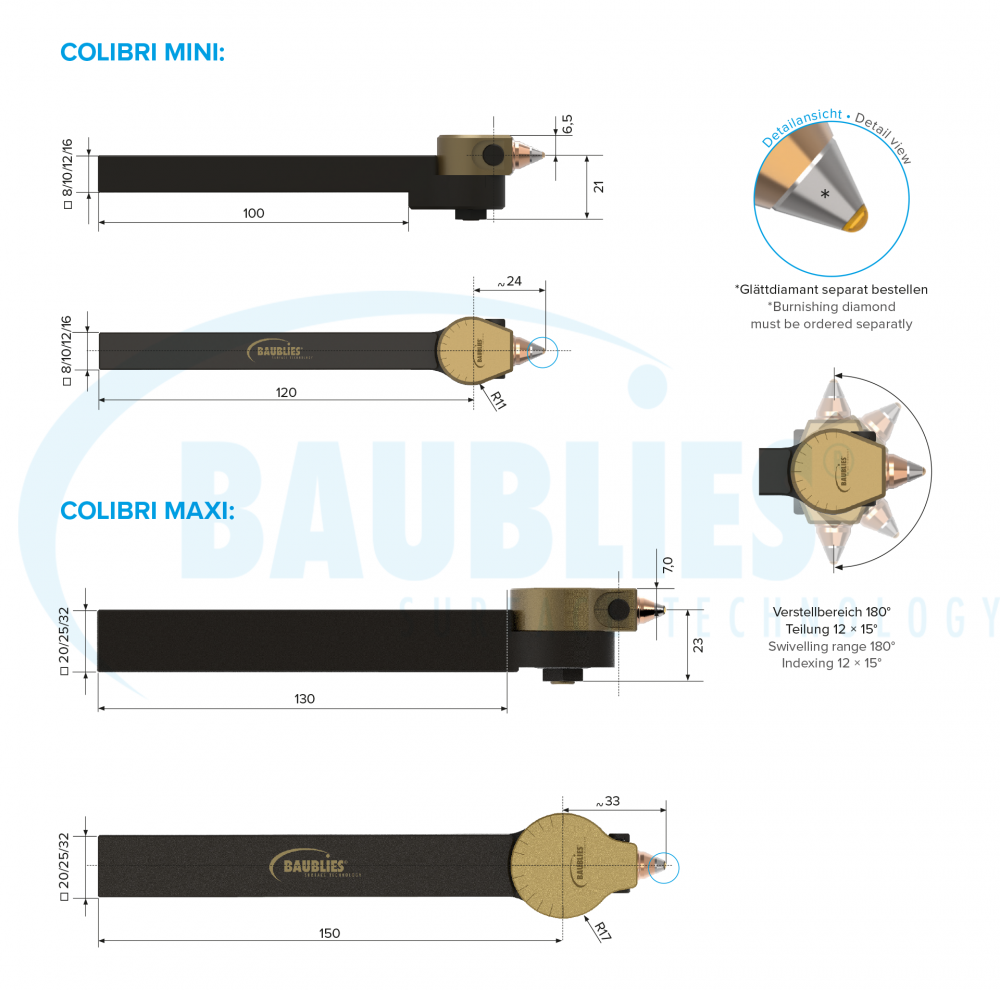 Zeichnung Baublies Diamant-Glättwerkzeug COLIBRI variabel zum Glätten von Wellen, Konturen, Planflächen und dünnwandigen Werkstücken