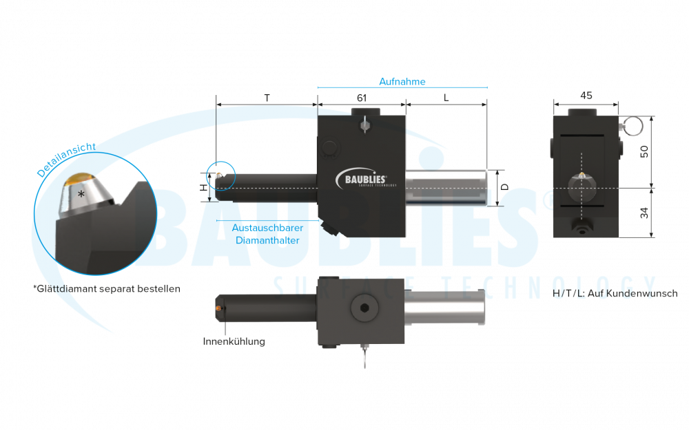 Zeichnung Baublies Diamant-Glättwerkzeug zur Innenbearbeitung mit Grundkörper
