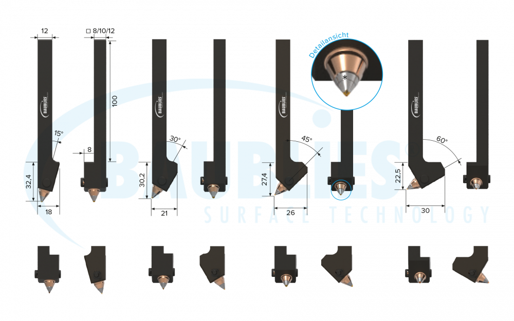 Zeichnung Baublies Diamant-Glättwerkzeug COLIBRI zur Außenbearbeitung von Wellen, Konturen und Planflächen