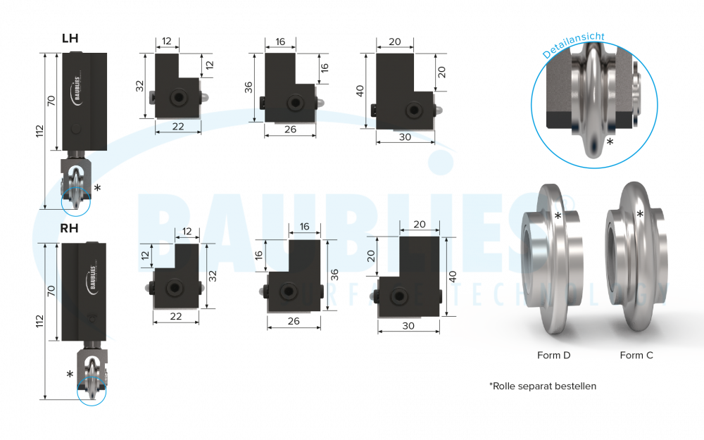 Zeichnung Baublies Einrollenwerkzeug kompakt für die Außenbearbeitung zum Glätten und Verfestigen von Wellen, Konturen, Einstiche und Planflächen