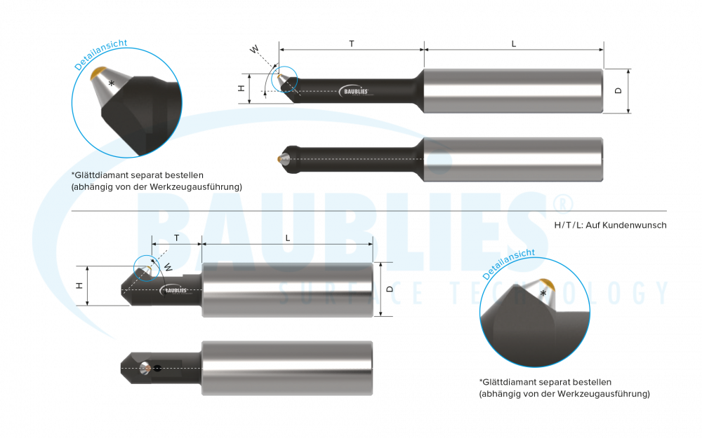 Zeichnung Baublies Diamant-Glättwerkzeug zur Innenbearbeitung von Bohrungen und Konturen