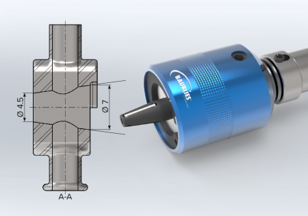 Baublies Mehrrollen-Rollierwerkzeug für Innenkegel mit Anwendungsbeispiel in der Medizintechnik