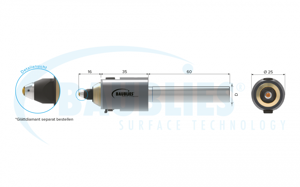 Zeichnung Baublies Diamant-Glättwerkzeug zur Außenbearbeitung von Wellen, Konturen , Planflächen und Freiformflächen