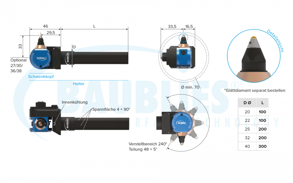 Zeichnung Baublies Diamant-Glättwerkzeug variabel mit Zylinderschaft