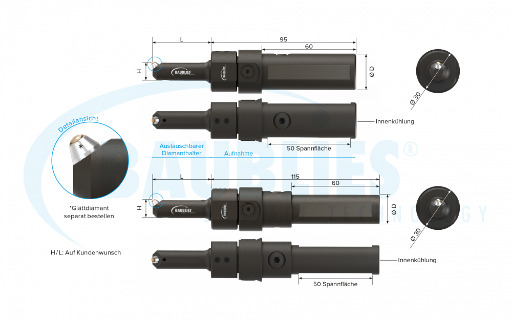 Zeichnung Baublies Diamant-Glättwerkzeug zur Innenbearbeitung mit Grundkörper klein