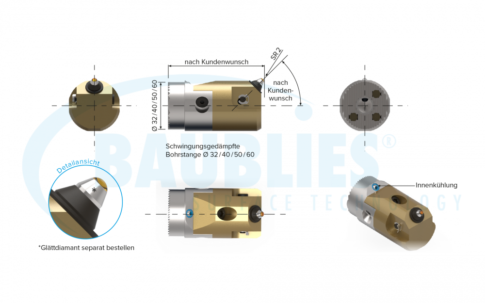 Zeichnung Baublies Diamant-Glättwerkzeug zur Innenbearbeitung für schwingungsgedämpfte Bohrstangen