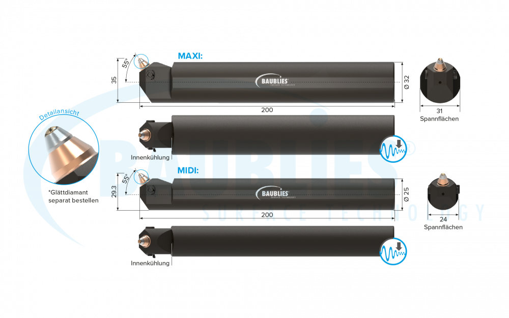 Zeichnung Baublies Diamant-Glättwerkzeug zur Innenbearbeitung mit schwingungsgedämpften Material